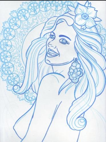 Tattoos - Blue Sketchbook Pinup Girl with Cherry Blossom and Swirly Flower Designs Tattoo Concept - 60617